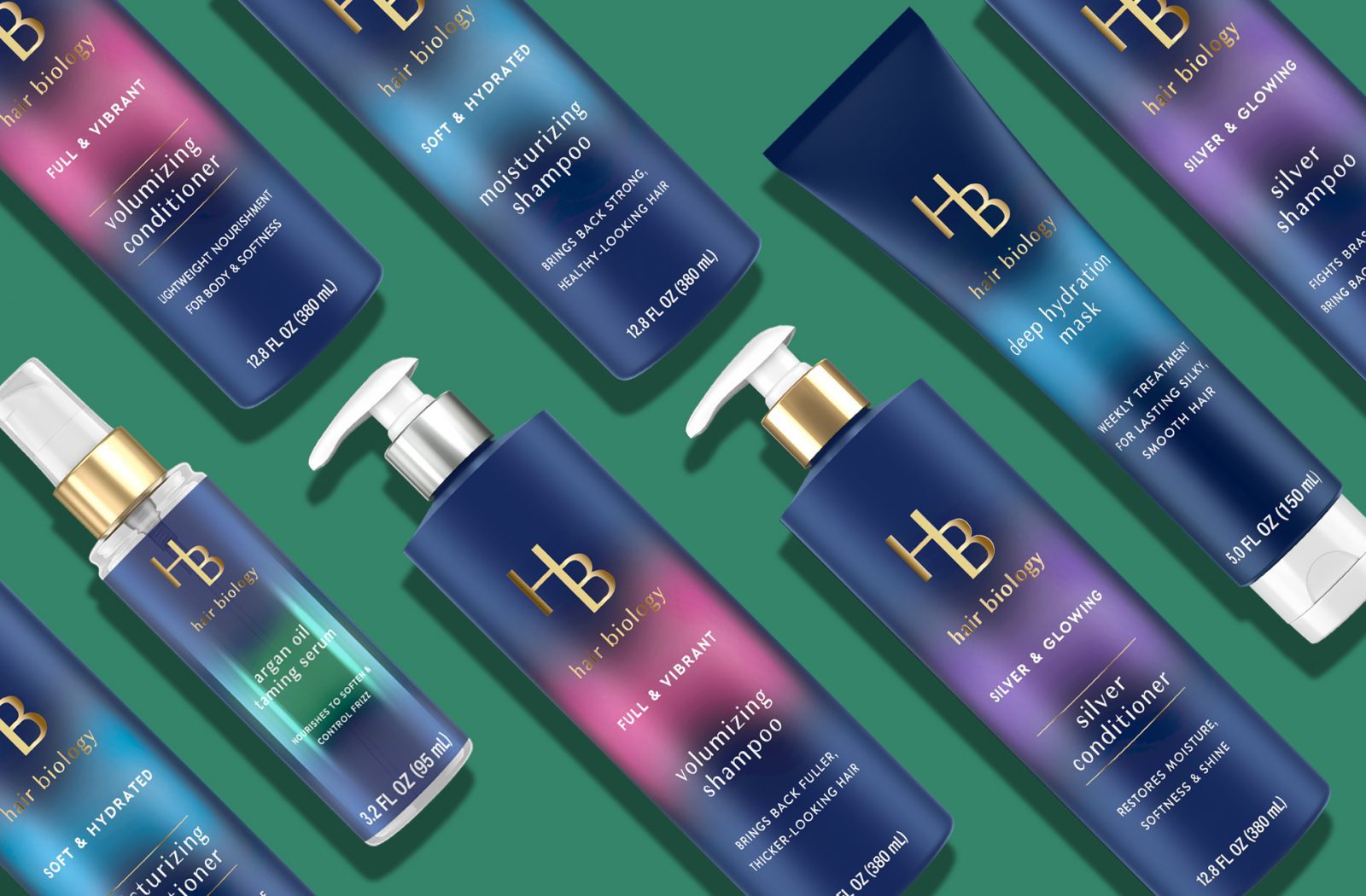 Render of a full product line of Hair Biology hair care products, showcasing packaging design services for consumer packaged goods.