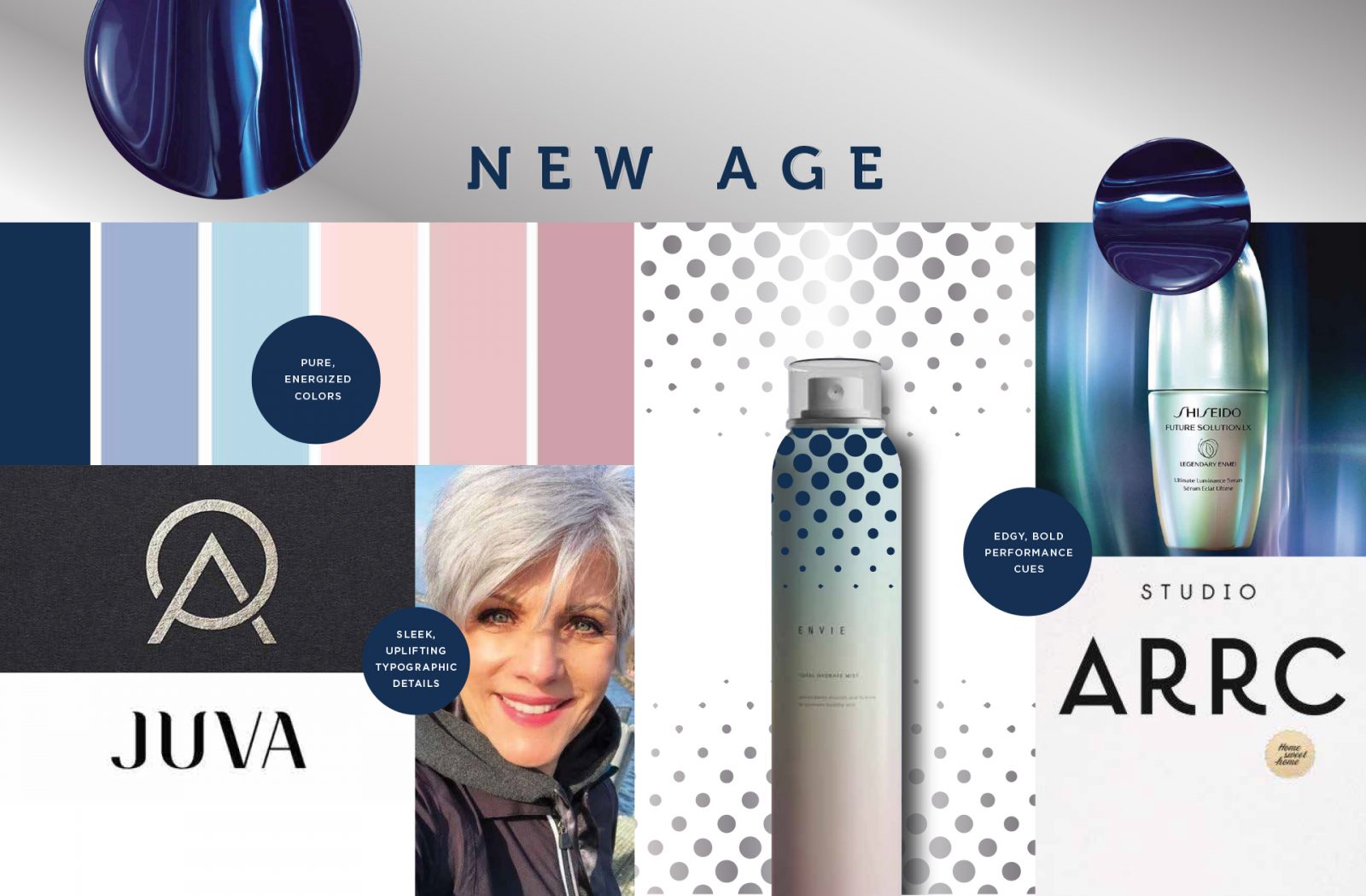 Collage of colors, fonts, styles and products that served as inspiration for a product packaging design agency creating a visual brand identity for Hair Biology.