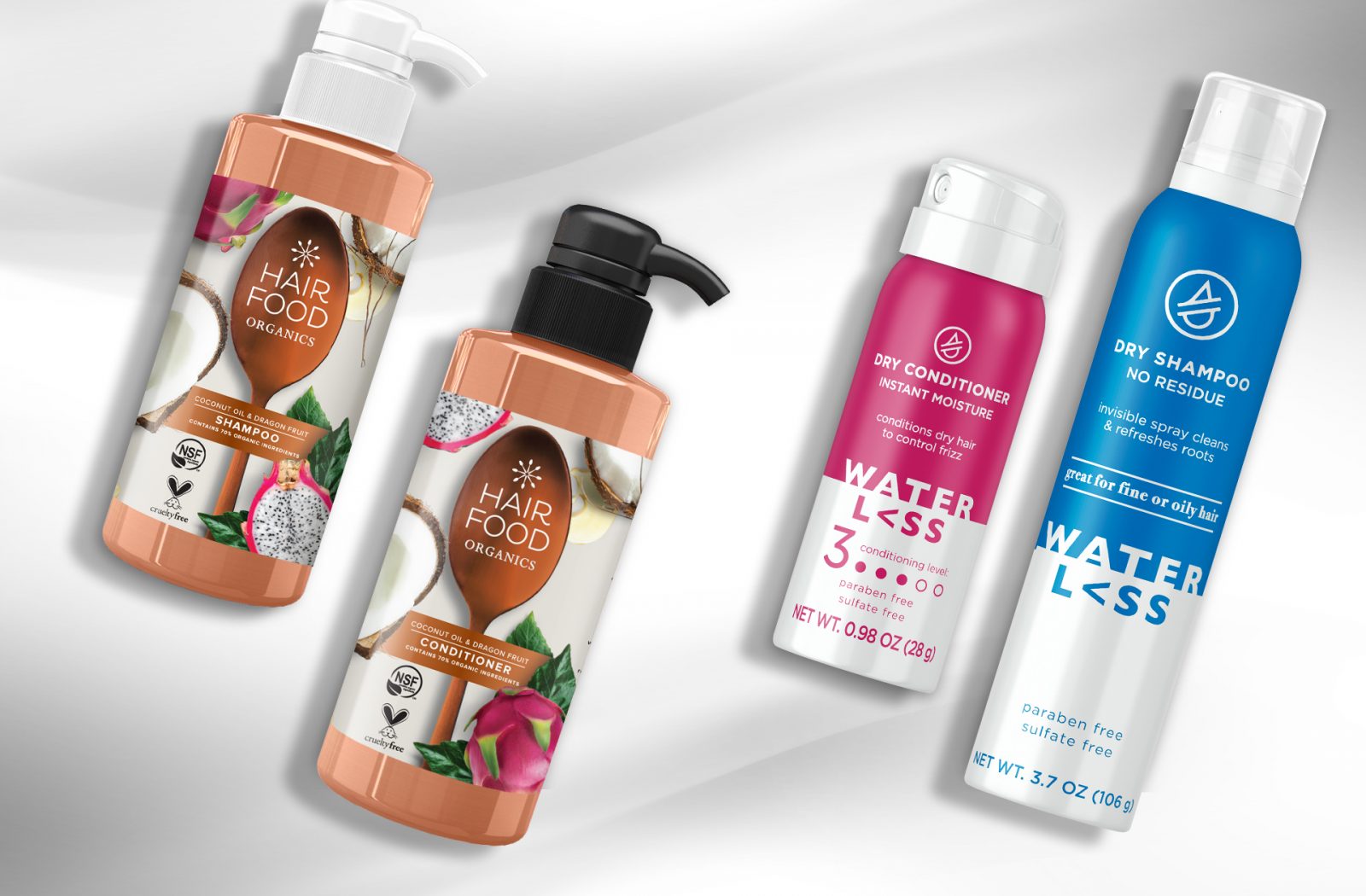 Render of two different Hair food organics and two different waterless hair care products, showcasing packs created by a cpg packaging design agency.