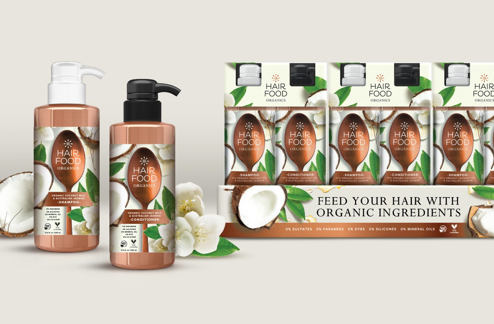 Render of two different Hair food organics products, showcasing Cpg packaging design services.