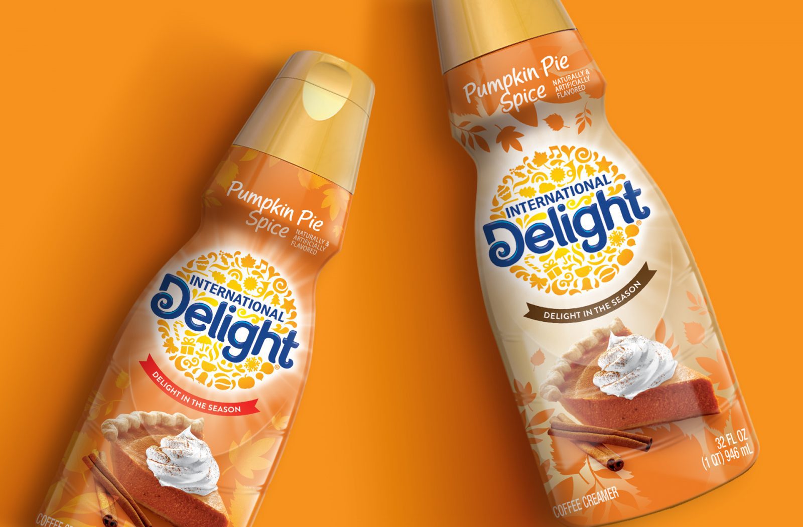 Product photography of two pumpkin spice seasonal variant for international delight coffee creamer, showcasing Cpg packaging design services.