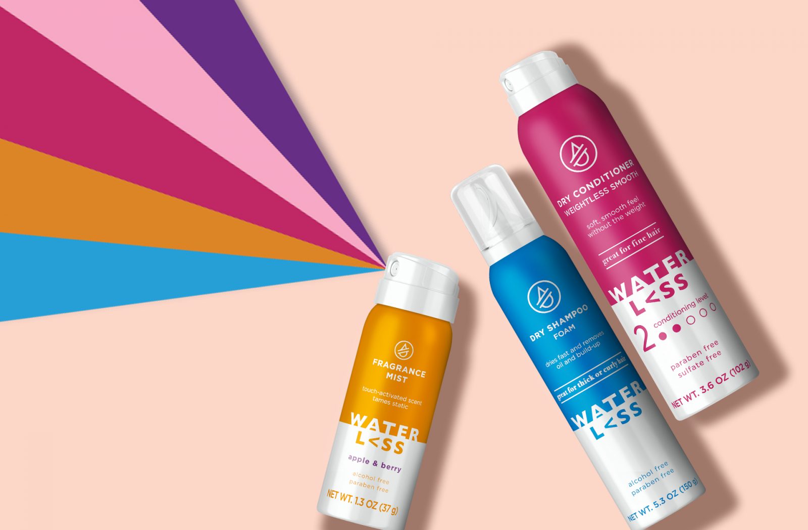 Render of three different waterless hair care products, showcasing packaging design services for consumer packaged goods.