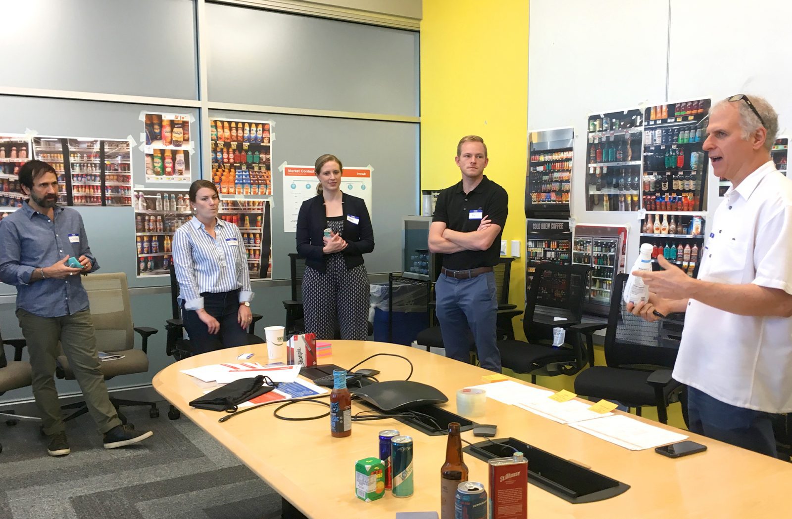 Photograph of a branding workshop between the Danone team and a product packaging design agency, working together to develop seasonal variant for international delight coffee creamer.
