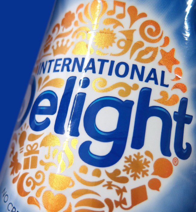 Close up photograph of a seasonal variant for international delight coffee creamer, Showcasing cpg branding and logo design services.