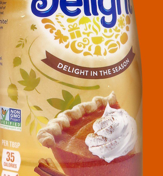 Close up photograph of a seasonal variant for international delight coffee creamer, showcasing brand identity design services for consumer packaged goods.
