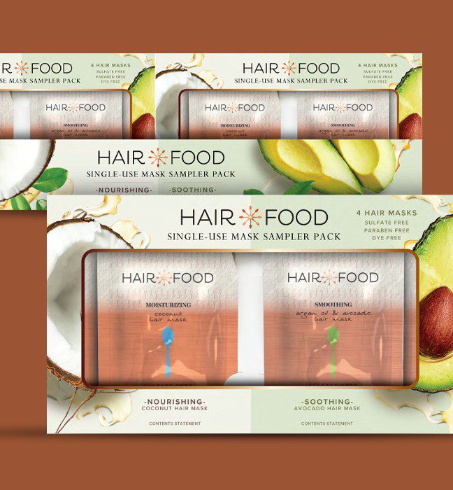 Render of a retail in store packaging for Hair food organics products hair care products, showcasing brand identity design services for consumer packaged goods.