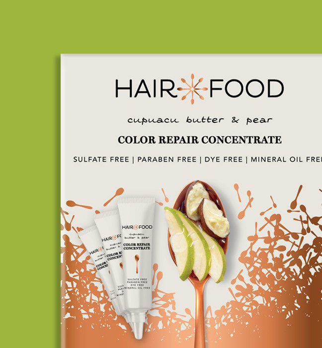 Render of a retail in store signage for Hair food organics products hair care products, showcasing brand world and identity design services for consumer packaged goods.