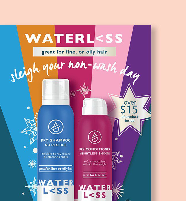 Render of a retail in store signage for Waterless hair care products, showcasing brand world and identity design services for consumer packaged goods.