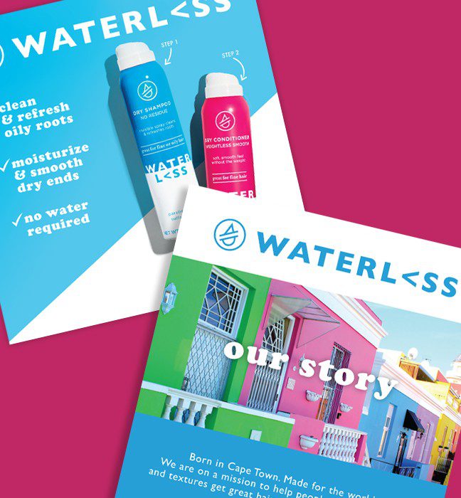 Render of a retail in store signage for Waterless hair care products, showcasing brand world and identity design services for cpg.
