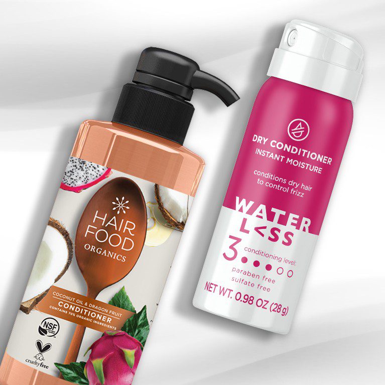 Render of two different Hair food organics and waterless hair care products, showcasing packs created by a cpg packaging design agency.