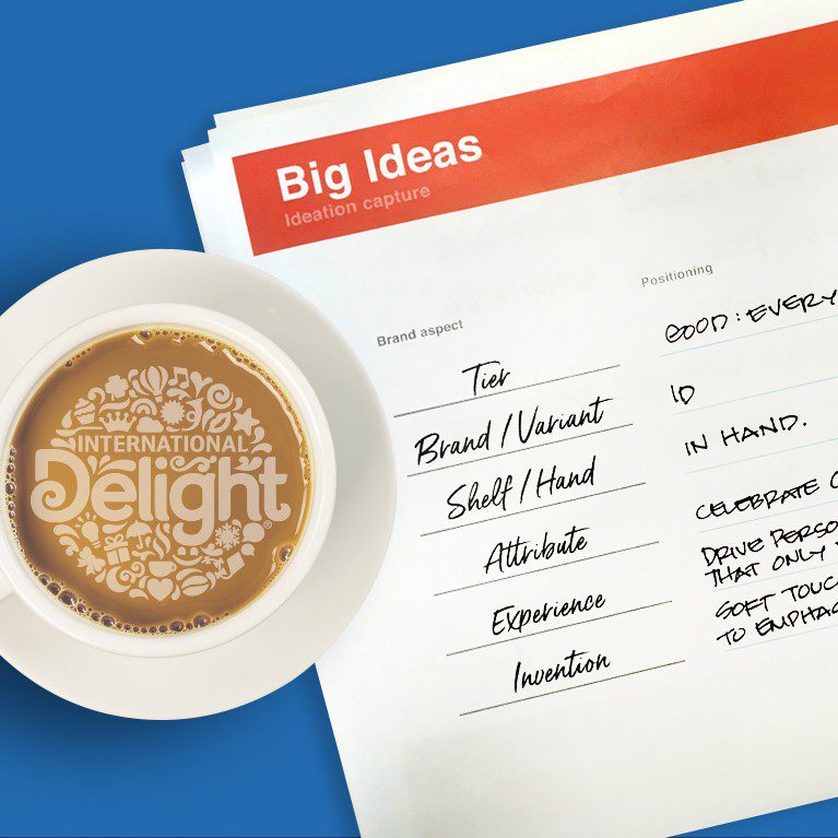 Worksheet from a brand design workshop between the Danone team and a product packaging design agency, working together to develop seasonal variant for international delight coffee creamer.