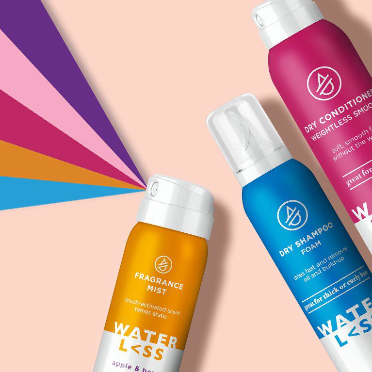 Render of three different waterless hair care products, showcasing packaging design services for consumer packaged goods.