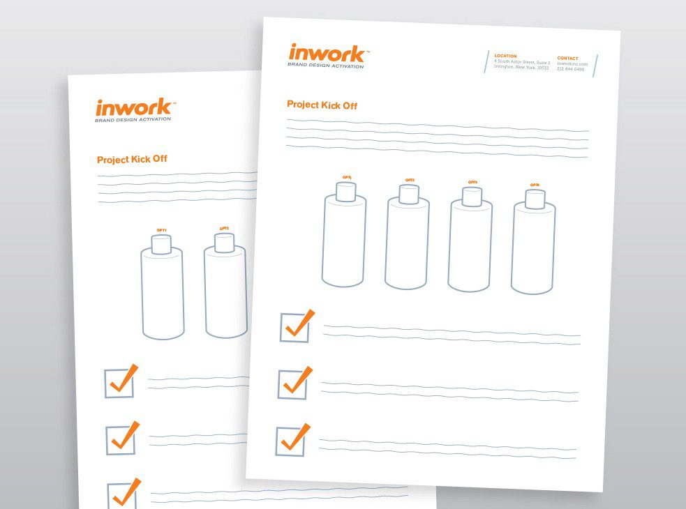 Digital illustration of two stacked Inwork brand realization project kick off worksheets, with four packaging bottles and three check marks each.