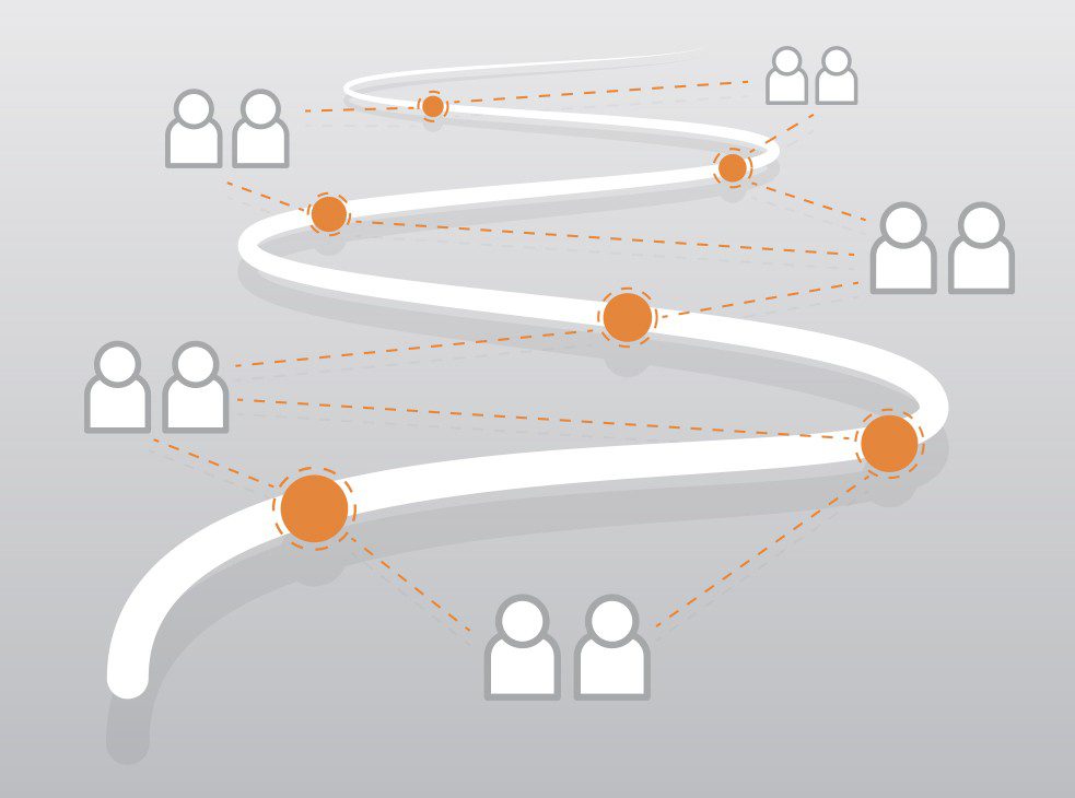 Digital illustration of a winding road, a network of people interconnected with orange dots, showcasing communication between the client and the agency during brand realization projects.