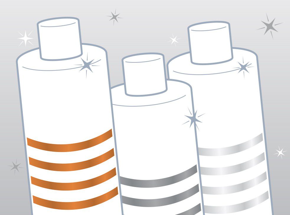 Digital illustration of three stacked packaging bottles with shines and metallic orange and silver details, showcasing brand realization brand realization services.