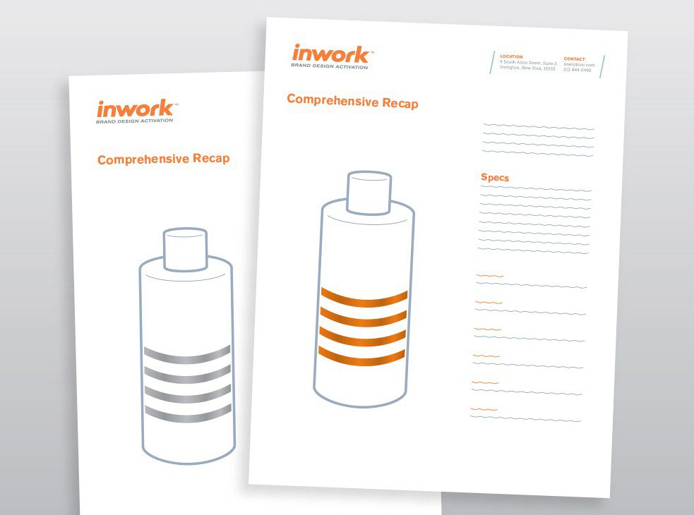 Digital illustration of two stacked Inwork brand realization project recap worksheets, with one packaging bottle with metallic orange and silver details each.
