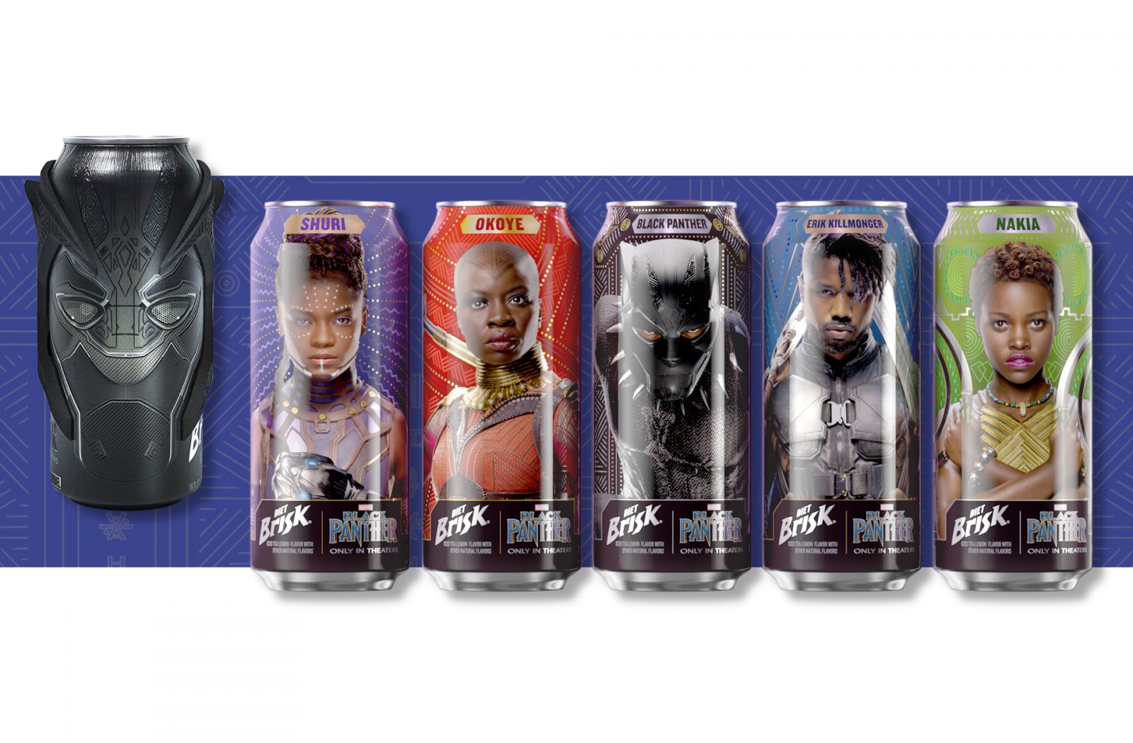 Photograph of a full product line-up with five different cans and a limited-edition influencer experience for the brisk collaboration with Marvel Studio’s Black Panther.