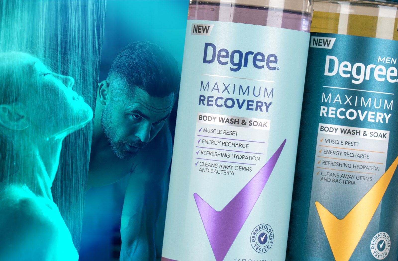 Close up photograph of two packaging comps developed for the Degree Maximum Recovery Body Wash line extension, featuring Clear variant segmentation.