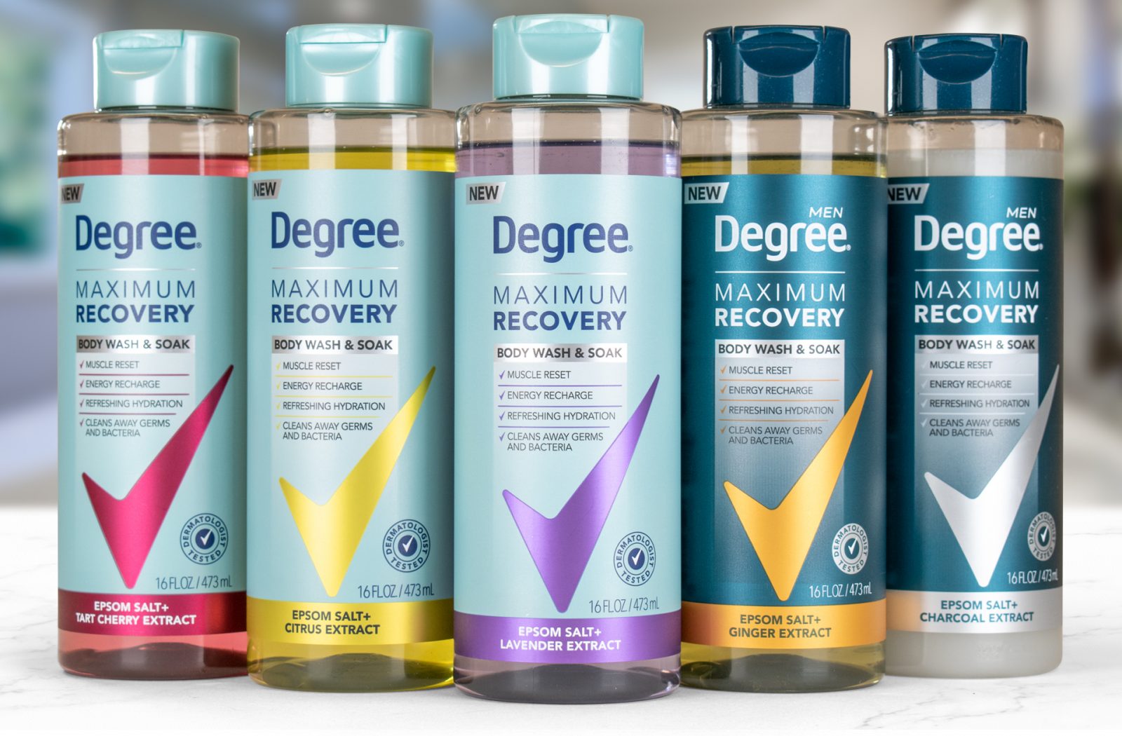 Photograph of five comps developed for a full product line extension for Degree Body Wash, featuring Clear variant segmentation and a reimagined use of the brandmark.