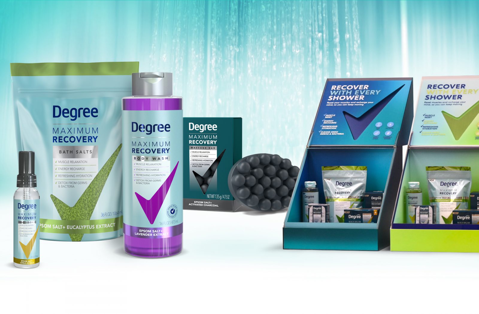 3D assets, sales samples and presentation kits developed for the Degree Maximum Recovery Body Wash line extension, featuring color and treatment study and a reimagined use of the brandmark.
