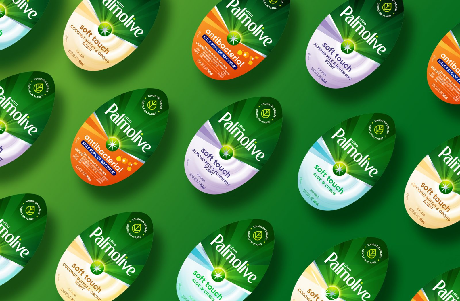 Render of various different labels, showcasing variant segmentation in sales samples for palmolive dish soap.