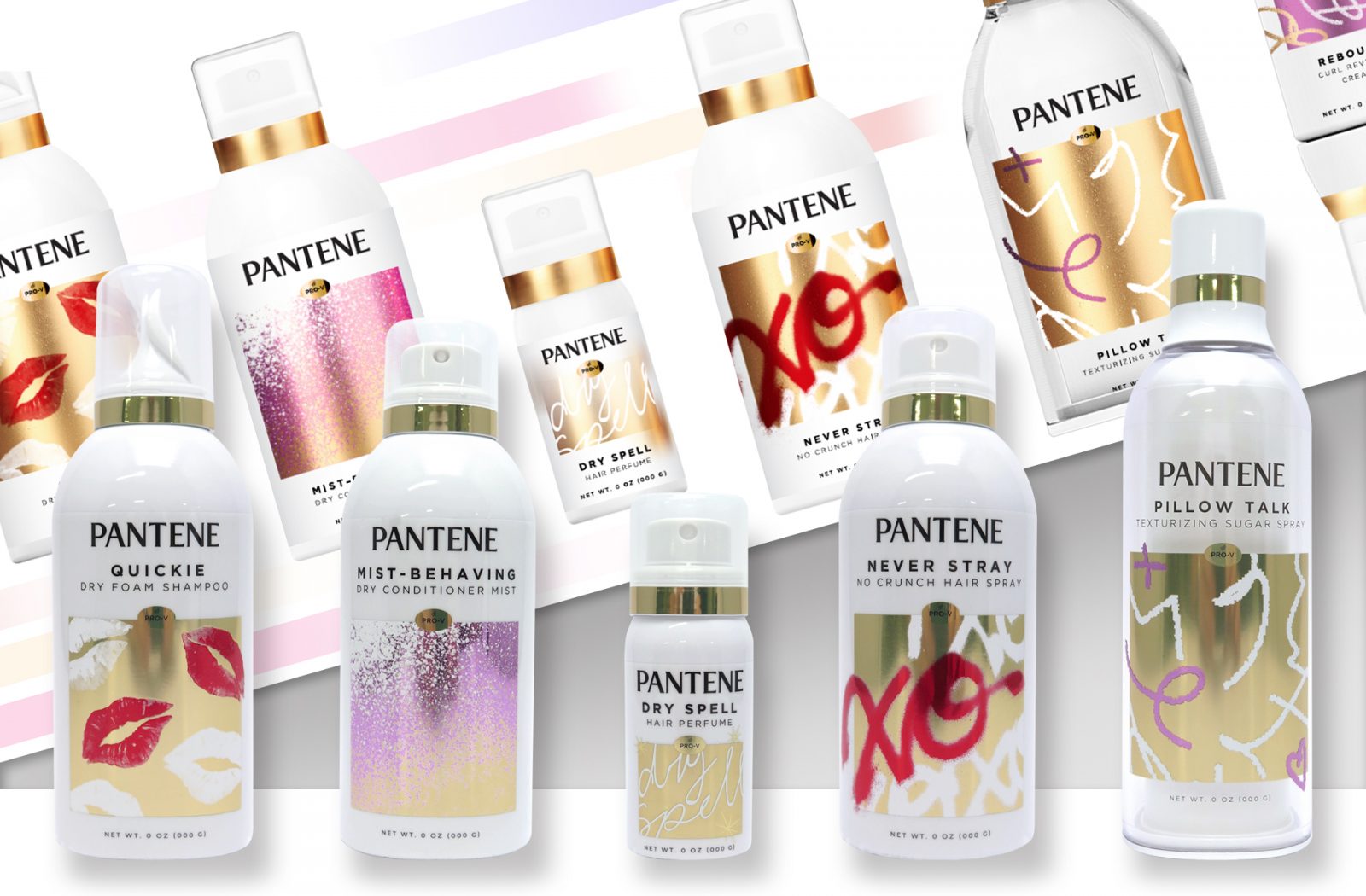 Render of a full line of print-accurate comps created for a full range Pantene premium collection sales samples, featuring Shimmer, Metallic and Iridescent Effects.