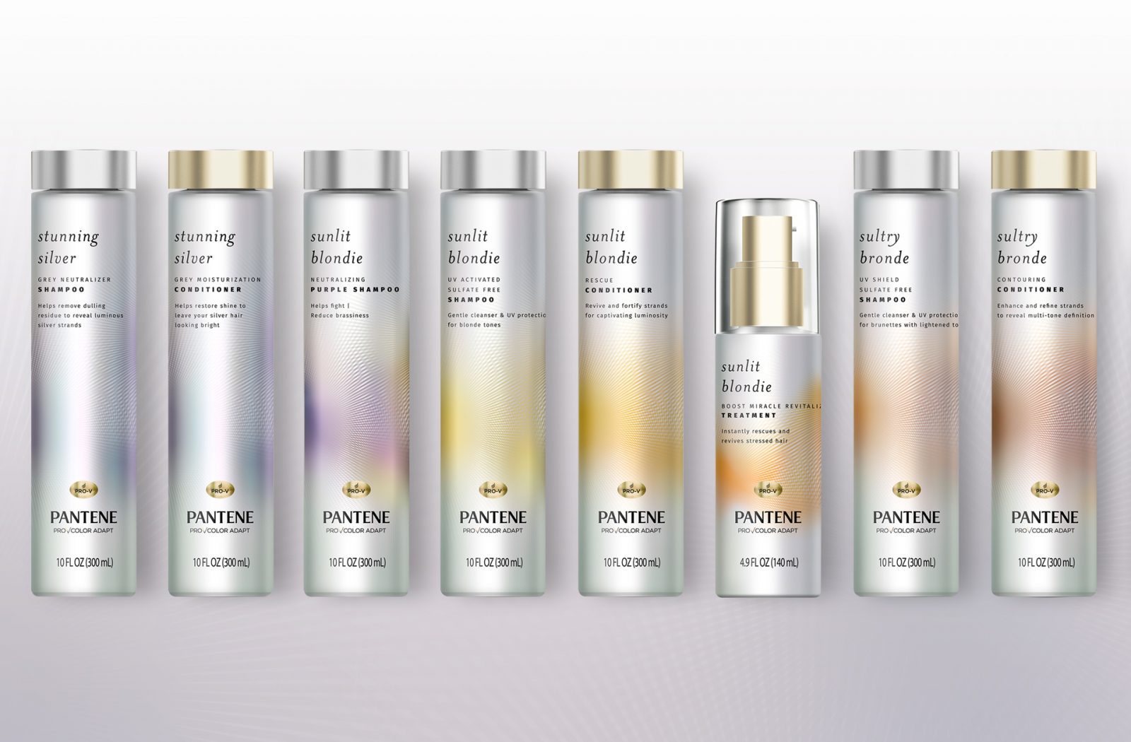 Render of a full product line of comps created for Pantene premium collection sales samples, featuring Premium and viable enhancements.