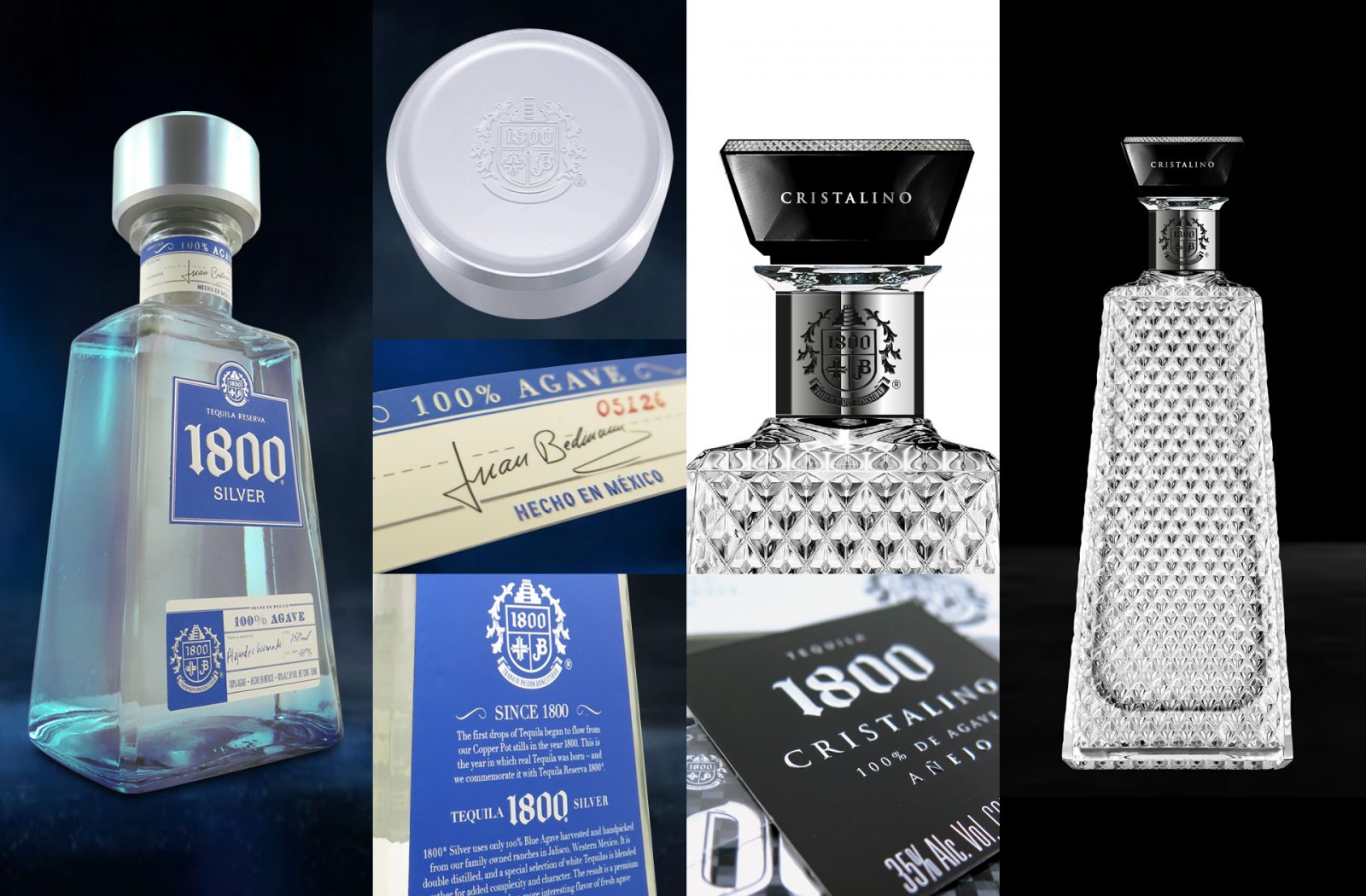 Collage of close-up product photography of proximo spirits 1800 silver and cristalino, showcasing metallic inks and embossed features.