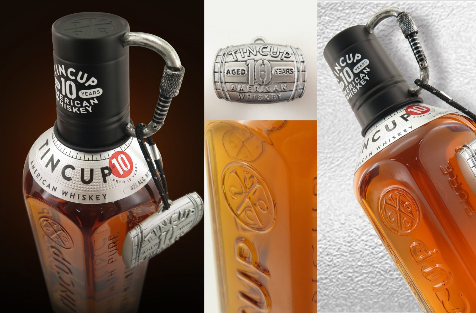 Collage of close-up product photography of tin cup whiskey, showcasing embossed glass, canvas & metallic embossed labels, and usable cap closure.