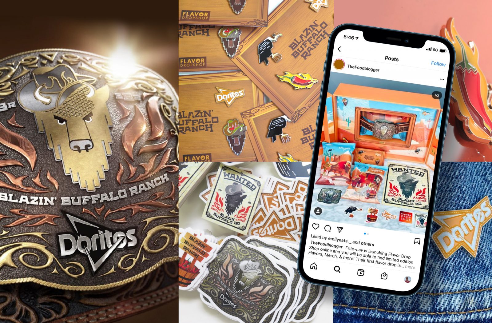 Collage of photographs of an influencer unboxing experience and consumer sweepstake prize for doritos limited edition flavor Blazin’ Buffalo Ranch.