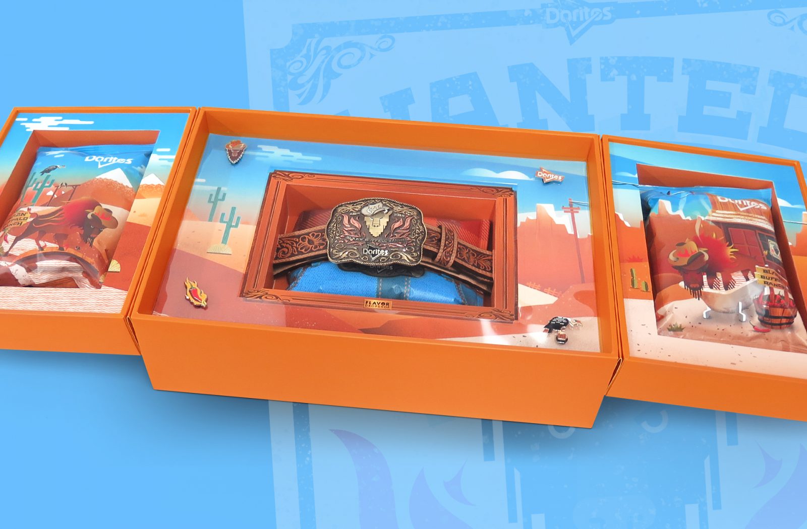 Photograph of the inside of a custom made influencer unboxing experience and consumer sweepstake prize for doritos limited edition flavor Blazin’ Buffalo Ranch, including a custom belt buckle.