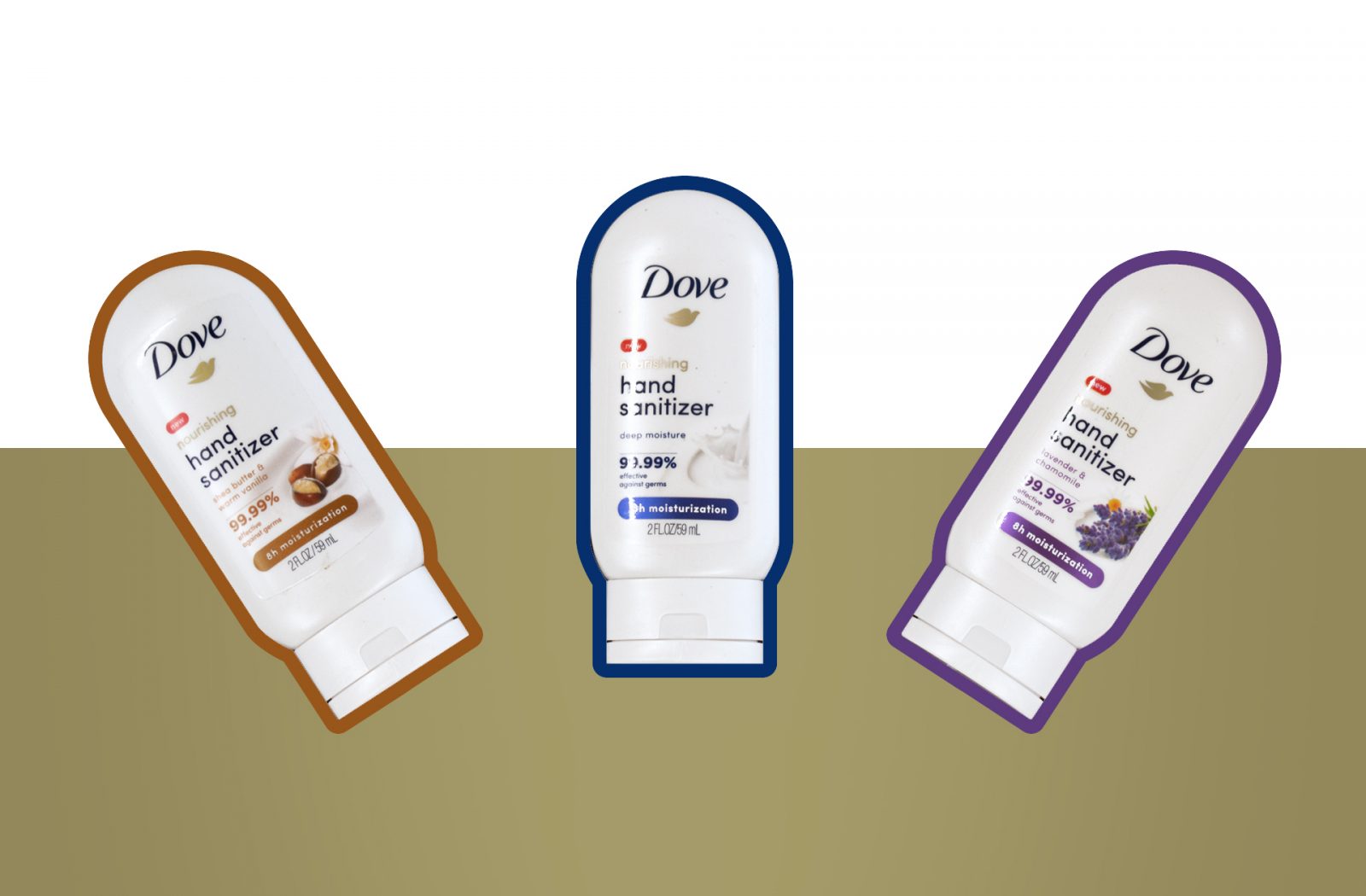 Close-up shot of three different skin moisturizing Dove hand sanitizer packs, inside of an unboxing experience sales kit promoting the launch of this new product.