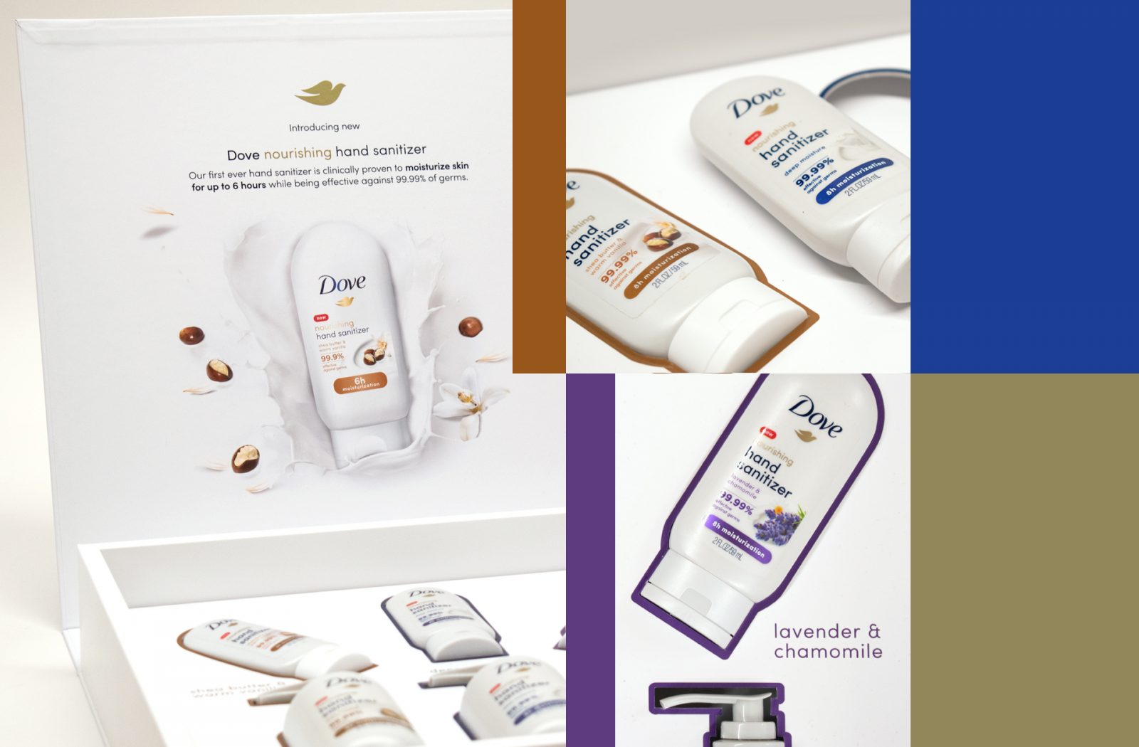 Collage of phtographs of an unboxing experience sales kit promoting skin moisturizing Dove hand sanitizer.