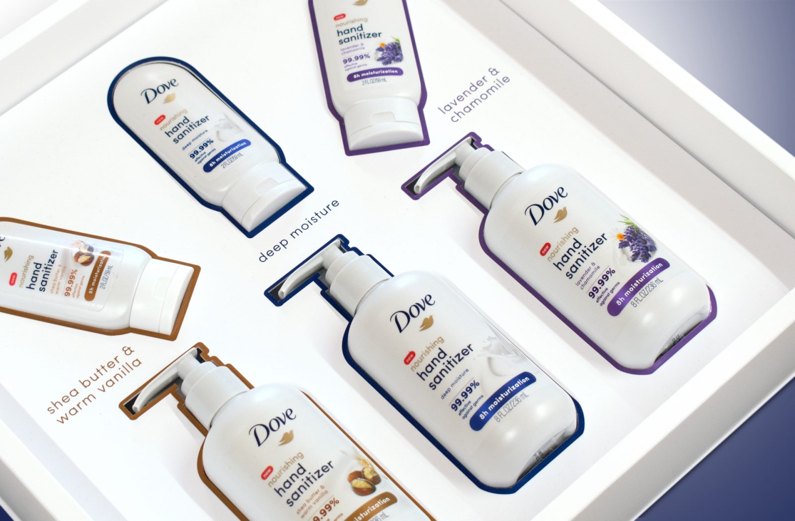 Close-up shot of the inside of an unboxing experience sales kit promoting skin moisturizing Dove hand sanitizer.