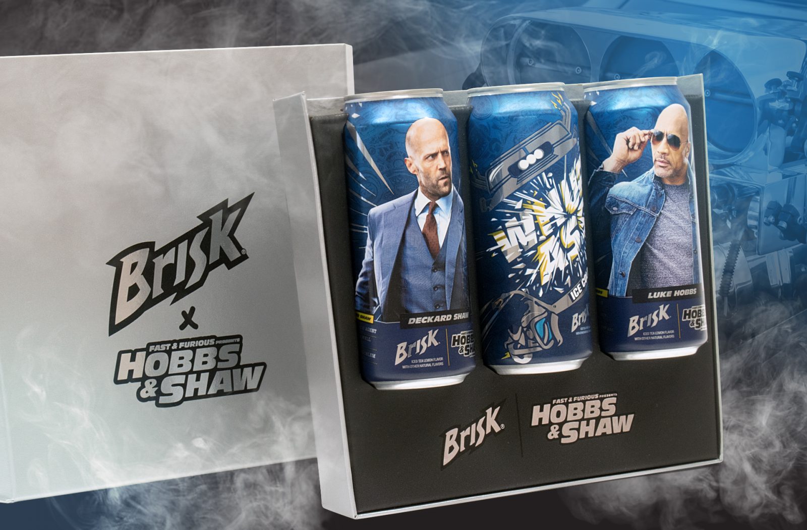 Render of three cans of Brisk with custom limited-edition packaging inside an influencer unboxing experience for the Hobbs and Shaw premiere collaboration with Brisk.