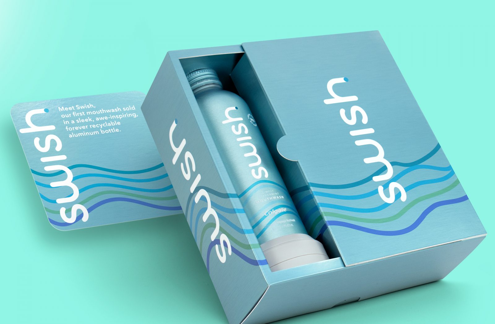 A photograph of a Swish Colgate Mouthwash made with infinitely recyclable aluminum, showcasing a brand design agency’s Sustainable Packaging Design services.