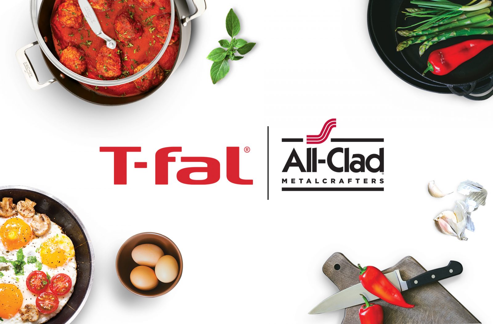 Header image of the T-fal and All-Clad brand logos surrounded by food and cooking gear.