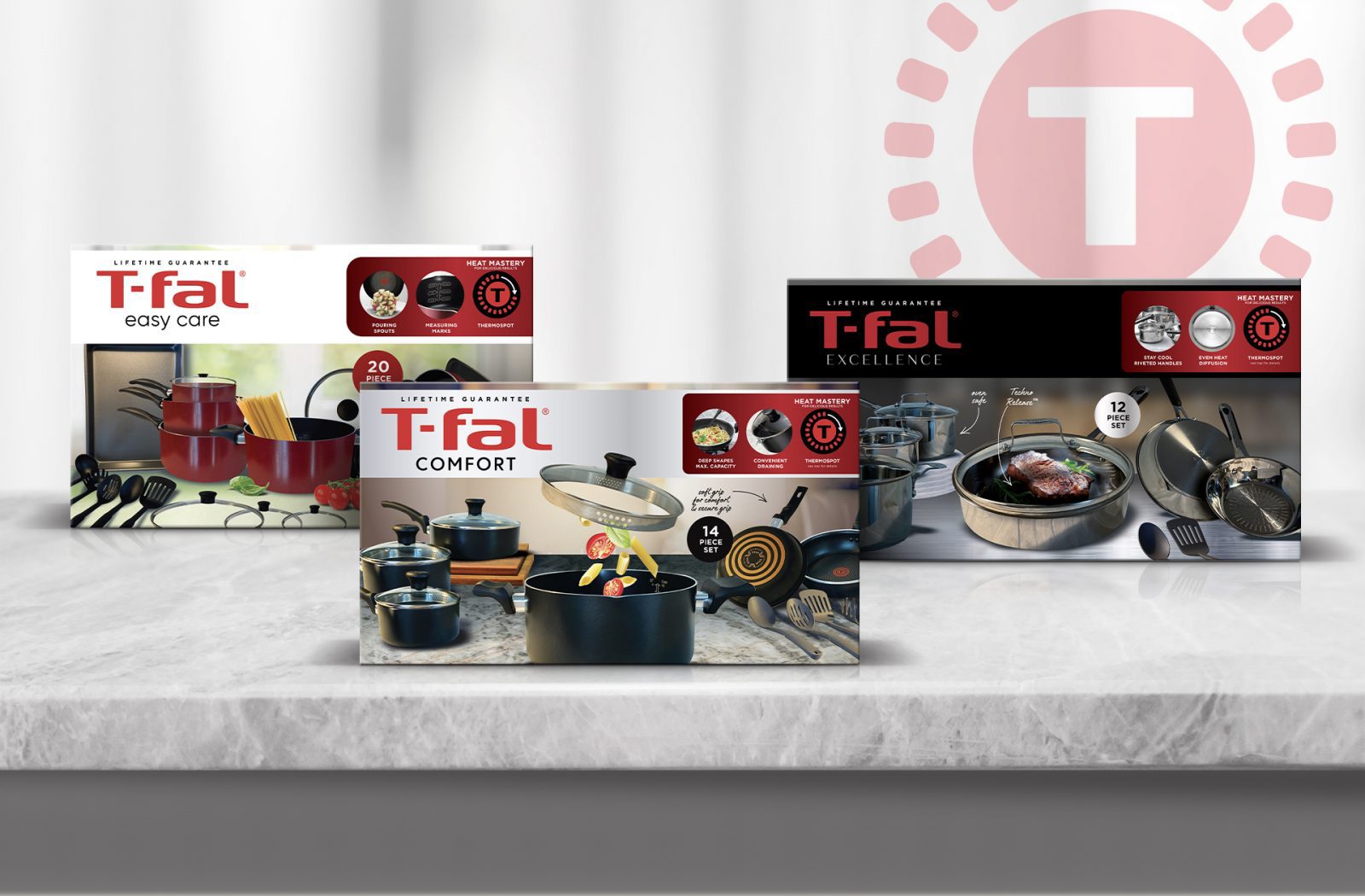 Product photography of T-fal easy care, comfort and excellence cookware, showcasing Cpg packaging design services.