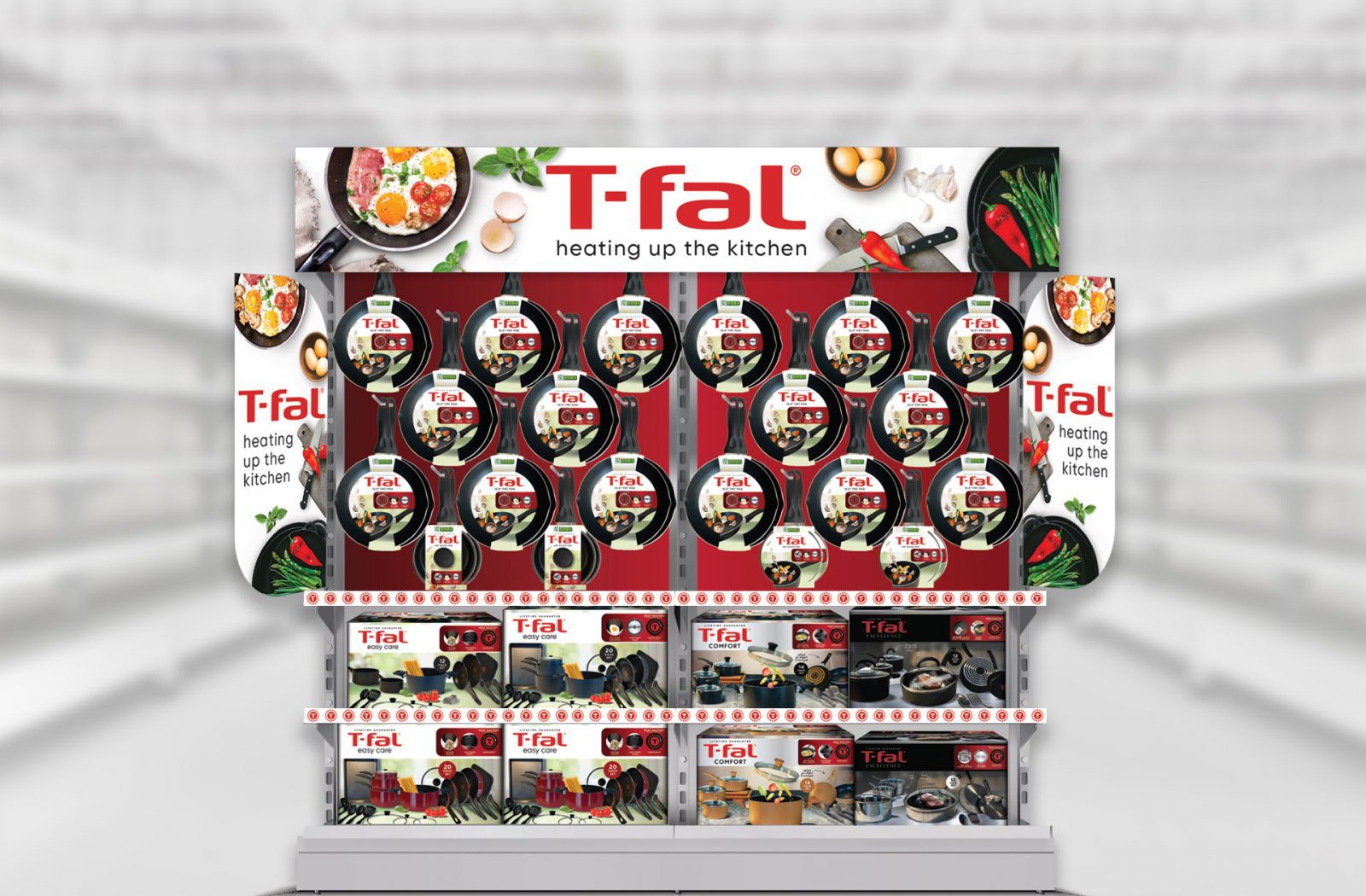Render of a retail in store display for T-fal, showcasing brand world and identity design services for consumer packaged goods.