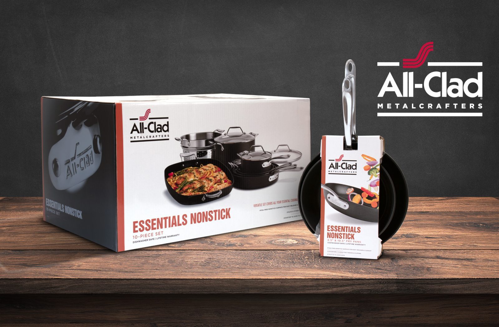 Product photography of All-clad metalcrafters essential nonstick cookware, featuring packs created by a cpg packaging design agency.