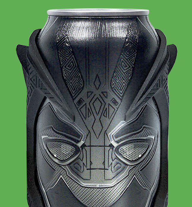 Close up photograph of a Direct-to-shape 3D printed can of brisk themed after the black pnather mask, with 60 microns of tactile experience, created for a limited edition brisk collaboration with Marvel Studios.