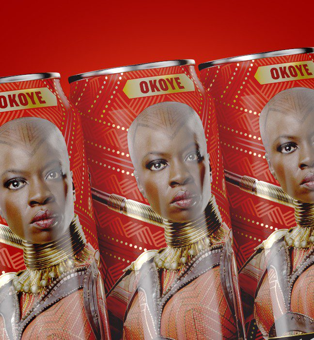 Close up photograph of three Okoye themed can of brisk, as part of a limited edition collaboration with Marvel Studio’s Black Panther. The can features custom Background Patterns that add dimension