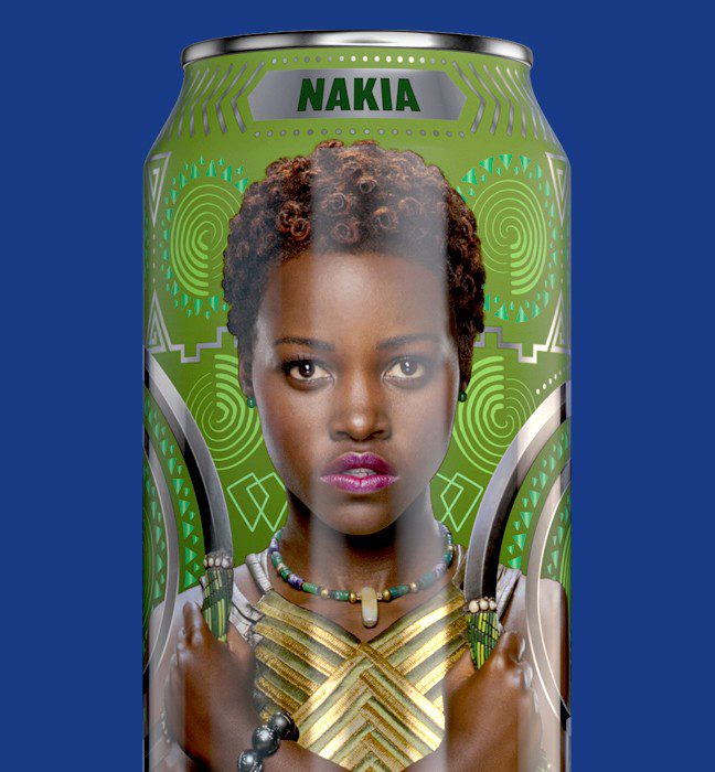 Close up photograph of an Nakia themed can of brisk, as part of a limited edition collaboration with Marvel Studio’s Black Panther. The can features Custom Background Patterns that add dimension.