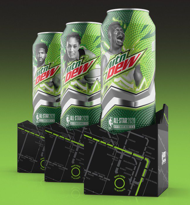 Close-up shot of an influencer unboxing experience for the Mountain Dew Basketball limited edition cans featuring NBA All-Stars, showcasing three cans of mtn dew with bold graphics and a tactile finish that feels like a real basketball.