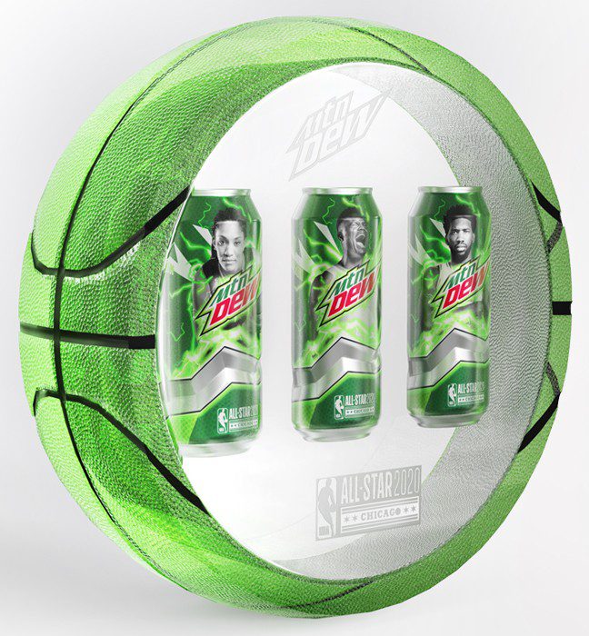 Close-up shot of a cast resin shaped basketball display from the influencer unboxing experience for the Mountain Dew Basketball limited edition cans featuring NBA All-Stars.