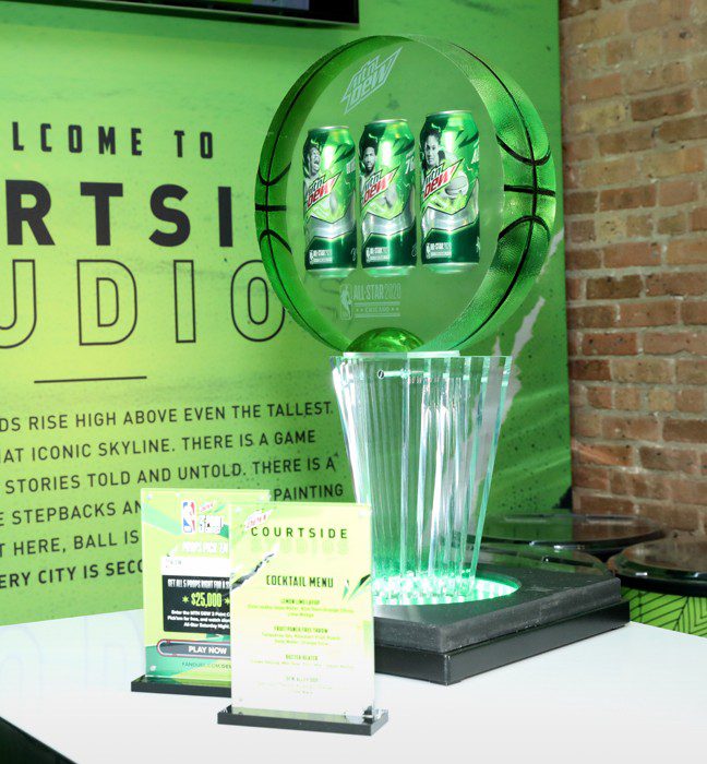 Photograph of a cast resin shaped basketball display from the influencer unboxing experience for the Mountain Dew Basketball limited edition cans featuring NBA All-Stars.
