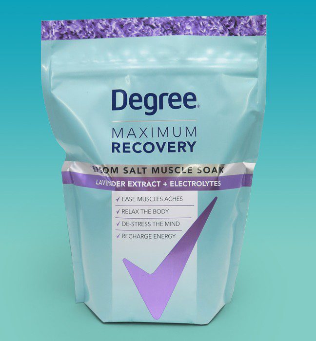 Photograph of a comps developed for a product line extension for Degree Maximum Recovery Epsom Salt Muscle Soak, featuring clear variant segmentation and a reimagined use of the brandmark.