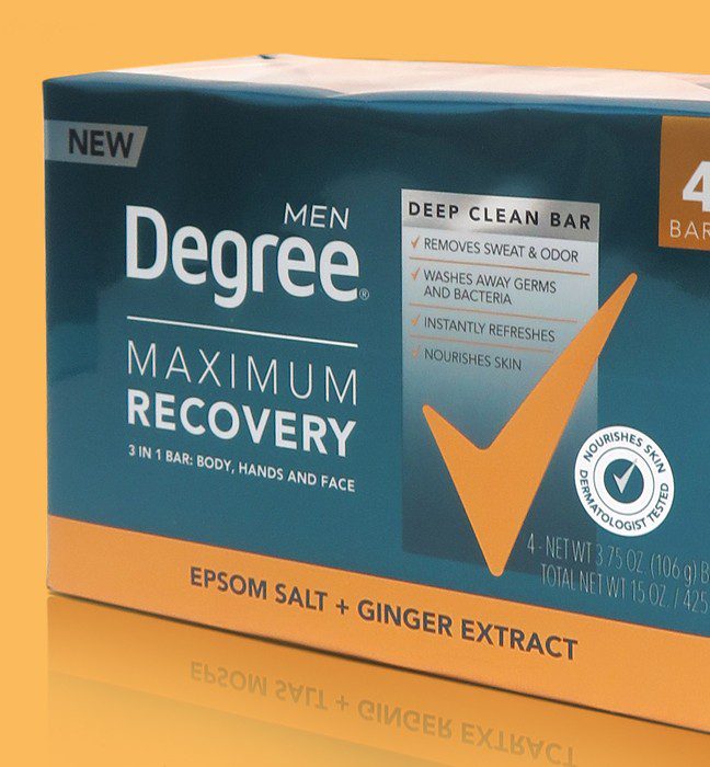 Close up photograph of packaging comps developed for the Degree Deep Clean Bar Maximum Recovery line extension, showcasing consistency across a range of formats and substrates.