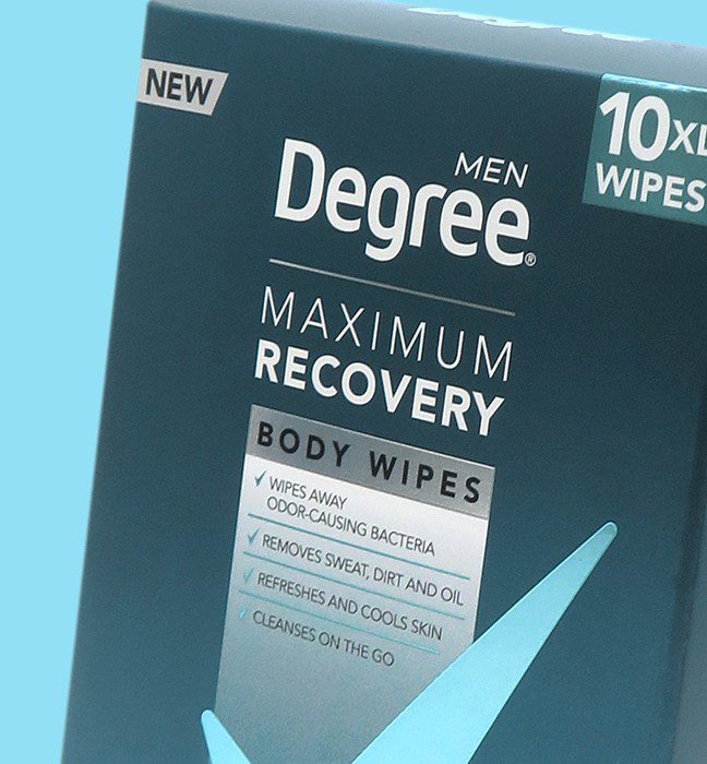 Close up photograph of packaging comps developed for the Degree Body Wipes Maximum Recovery line extension, showcasing consistency across a range of formats and substrates.