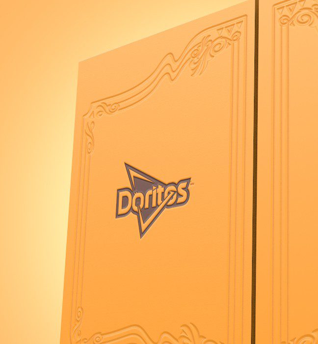 Close-up shot of the doritos logo inside an influencer unboxing experience and consumer sweepstake prize for doritos limited edition flavor Blazin’ Buffalo Ranch.